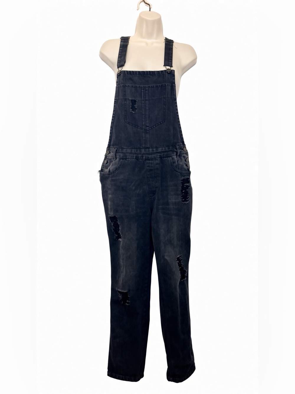 Love Tree Denim Overalls Size M Dark Wash Distressed Black Gray Overalls